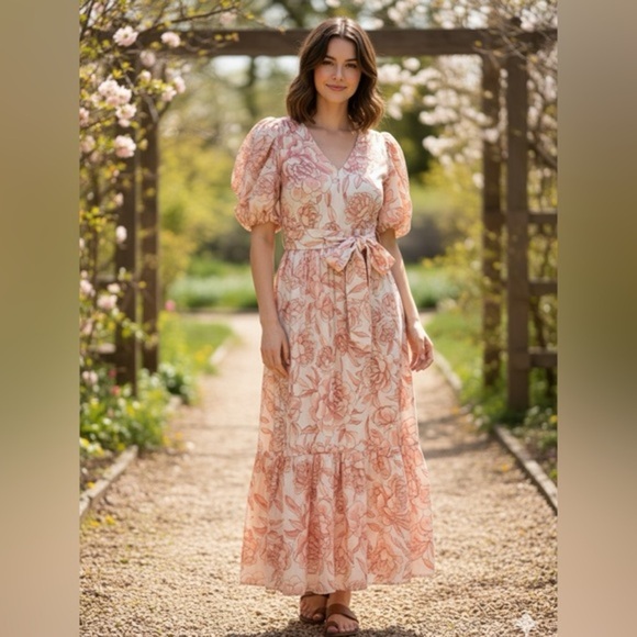 CeCe Dresses & Skirts - CeCe Linen Blend Puff Sleeve Floral Maxi Dress Peach Pink Garden Print S